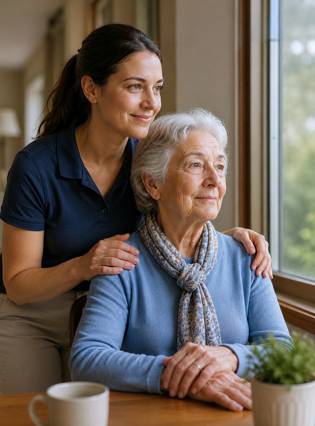 Family caregiver supporting an older woman at home